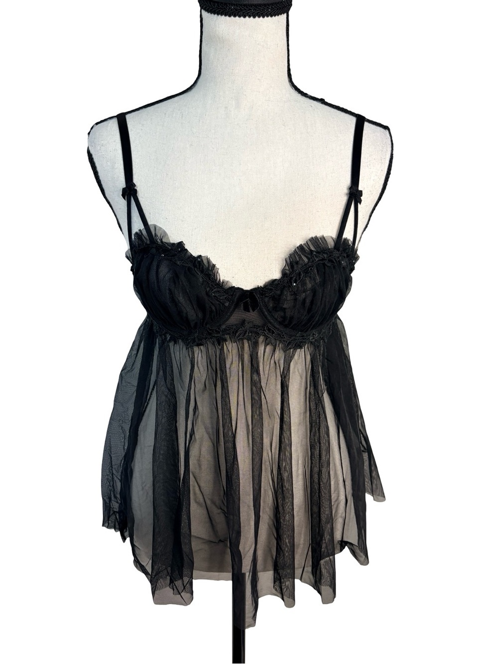 La Senza Black Sheer Mesh Babydoll Chemise Underwire Cami Top Small Y2K